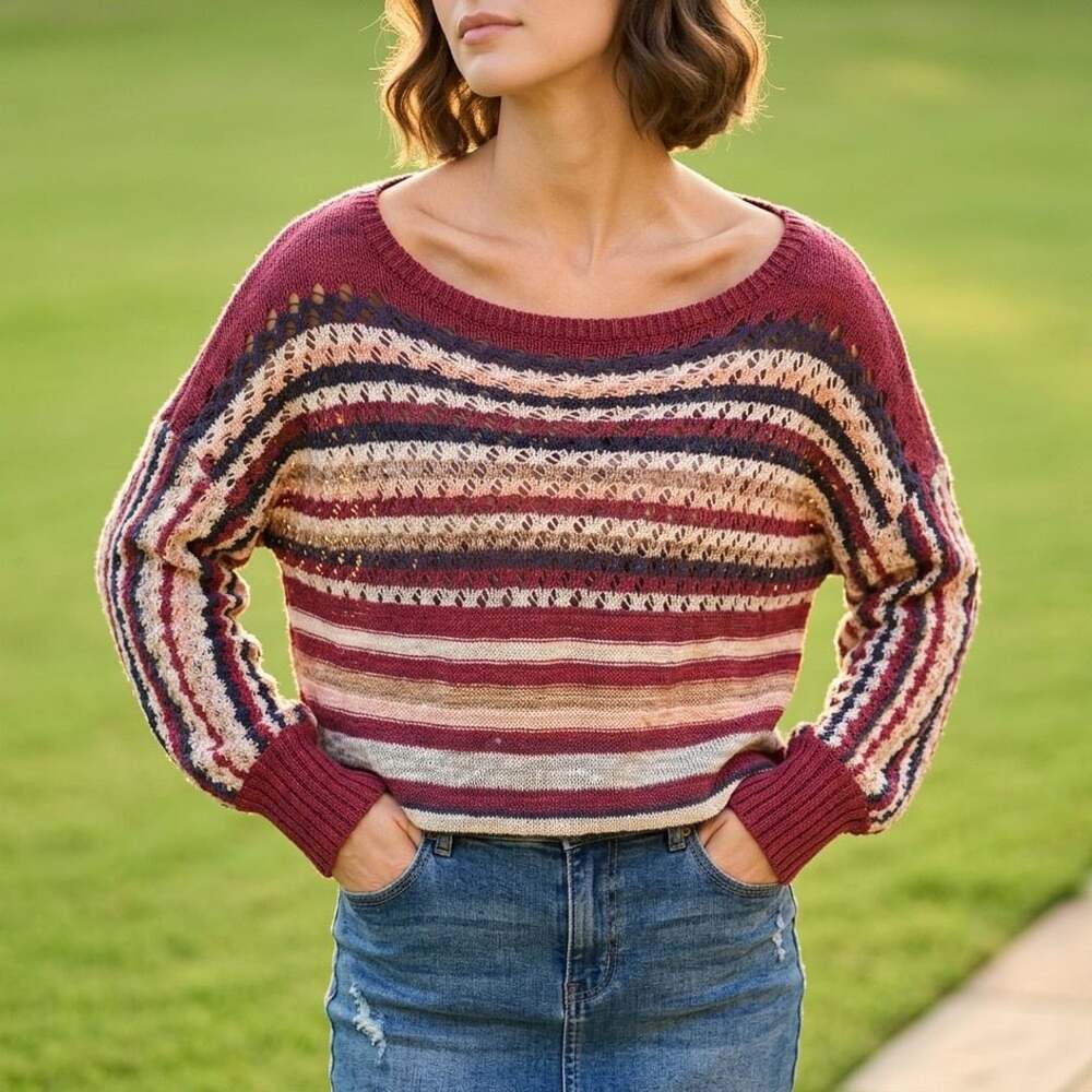 Umgee Striped Open Knit Crochet Boho Pullover Sweater #784